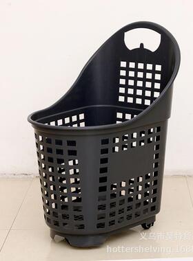 热销超大号圆弧单柄手推篮80L超市拉杆购物篮灰色4轮PP塑料篮子
