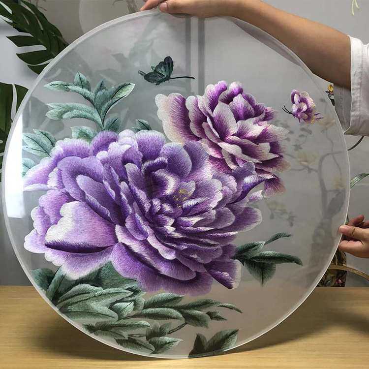 机器双面刺绣苏绣花开富贵牡丹半透明纱钢化玻璃装裱入户屏风玄关