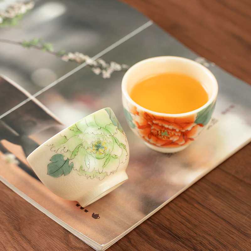 李斌纯手工汝窑开片陶瓷手绘牡丹花茶杯主人品茗杯绿茶白茶聚香杯