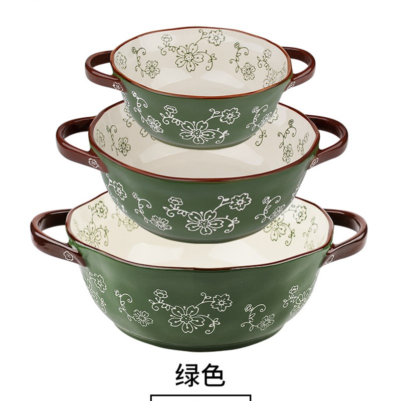 MAR三月手绘汤碗耐高温陶瓷碗复古风汤面碗双耳碗日式碗泡面碗