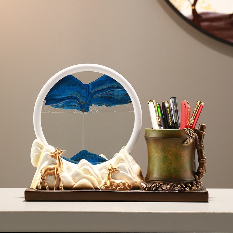 现代客厅流沙画摆件书房书柜高级感沙漏装饰品办公室实用笔筒摆设