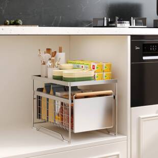 不锈钢厨房橱柜拉篮家用下水槽置物架多功能碗碟调料收纳抽拉架子