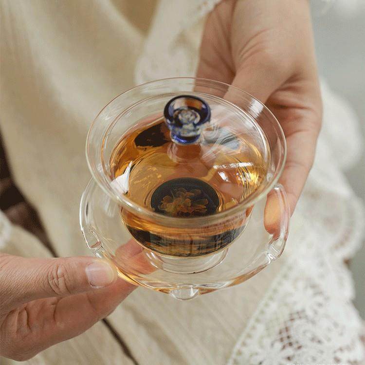 新款花语透明玻璃敬茶碗中式高颜值泡茶碗手工高硼硅玻璃三才盖碗