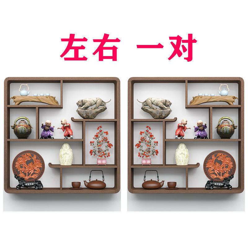 实木中式博古架上墙客厅摆件简约现代挂墙式茶具架置物架隔断摆件