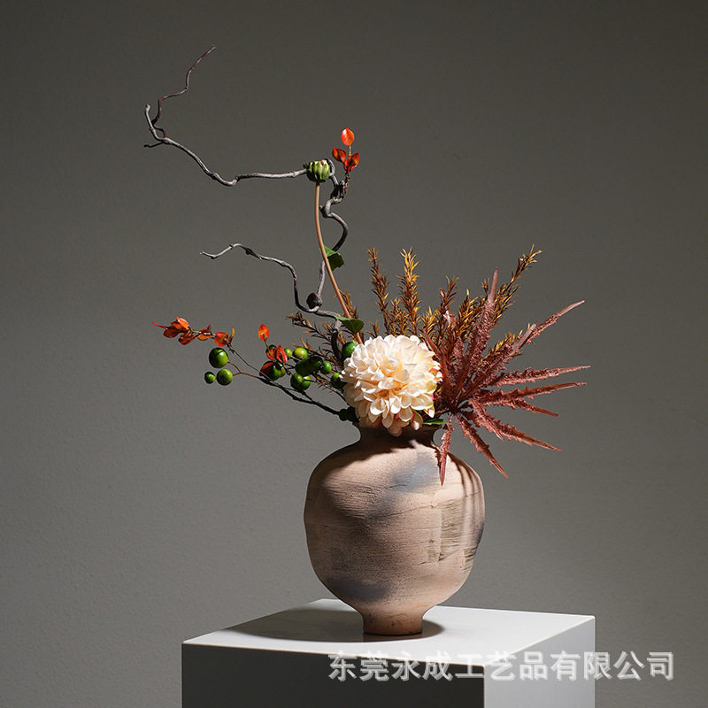 新中式仿真花艺摆件复古花瓶永生干花样板间会客室茶几花艺摆件