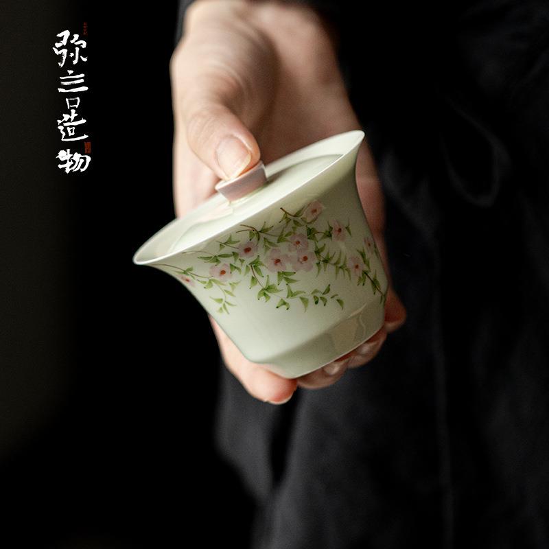 弥言白瓷手绘蔷薇盖碗纯手工陶瓷薄胎泡茶碗茶杯家用不烫手泡茶碗