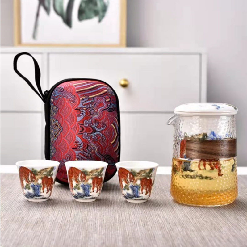 虎年快客杯一壶三杯便携式旅行茶具套装茶盘储水户外包泡茶壶茶杯