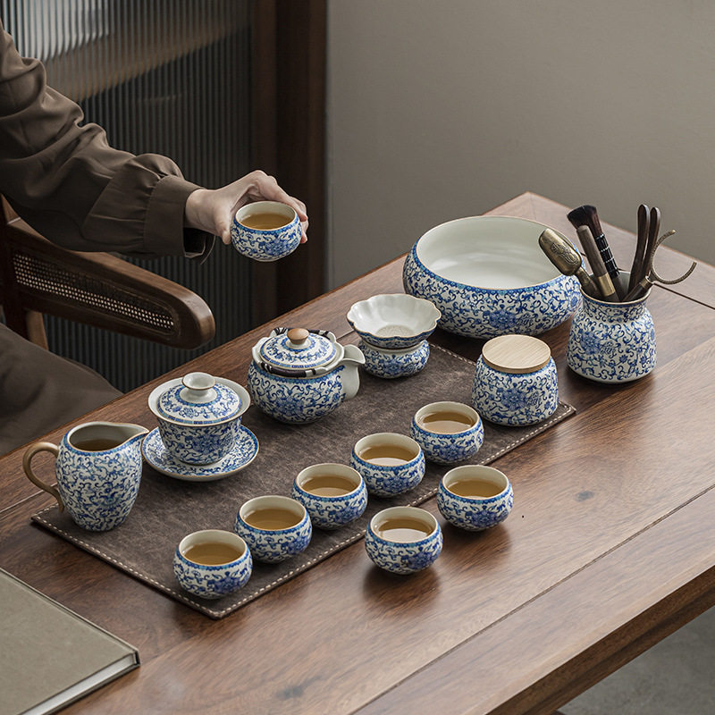 汝窑茶具套装家用轻奢高档2025新款盖碗手抓壶青花功夫喝茶泡茶具