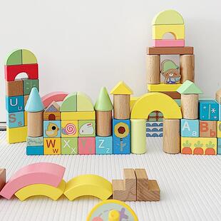 100p120pcs多彩积木小宝宝城堡搭建木质幼儿园男女孩木制拼搭玩具
