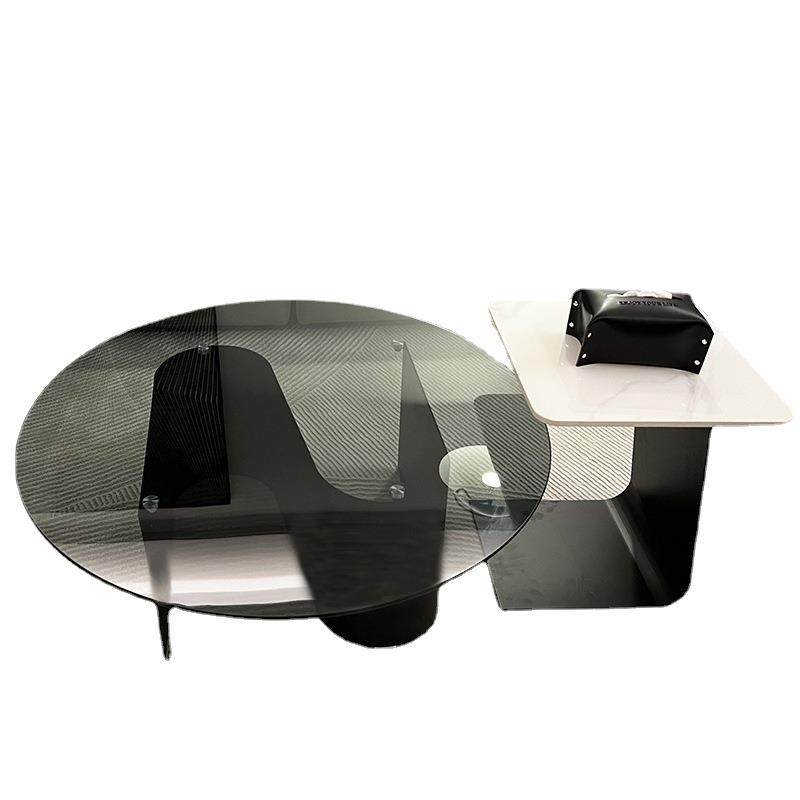 现代简约茶几黑色钢化玻璃客厅茶几高低圆桌组合高级感小户型极简