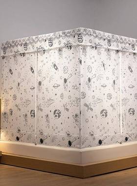 B#新款花坐床布印幔帐蚊家用坐床式床帘一体式床幔拉C链蒙AAI古包