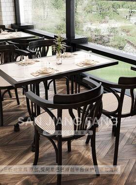 网红音西餐厅椅组合复古烤PIR肉饮店岩板实桌木餐餐桌商乐用卡座