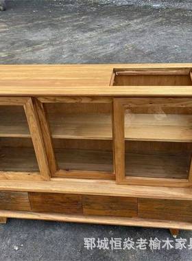 老物榆木玻璃柜客厅餐边柜落地式茶木水做柜旧门板收纳柜UVZ子实