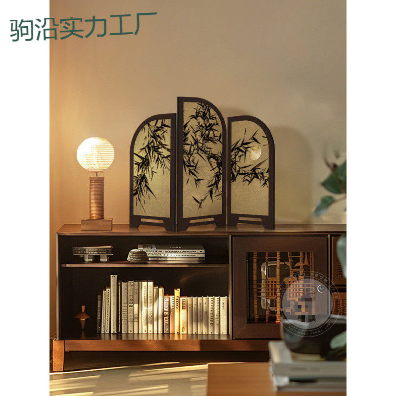 tt中古风墨竹小屏风桌面摆件新中式茶桌家居边柜斗柜装饰品复古摆