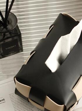 复古黑白棋盘格纸革巾盒客QQN厅轻奢餐桌抽纸盒美纸式皮抽纸盒餐