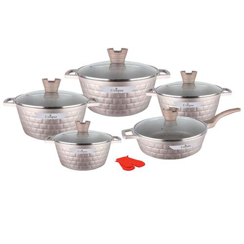 unique钻块12PCS锅具不粘汤锅煎锅套装铝合金压铸锅麦饭石套锅pot