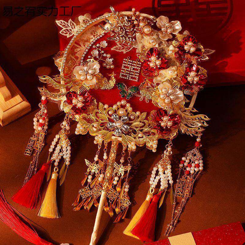 红色香槟双面团扇新娘结婚材料包扇子出嫁秀禾感喜扇包邮