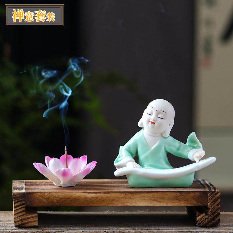 禅意套装陶瓷小和尚摆设茶道摆件玄关新中式沙弥水培香道家居摆件