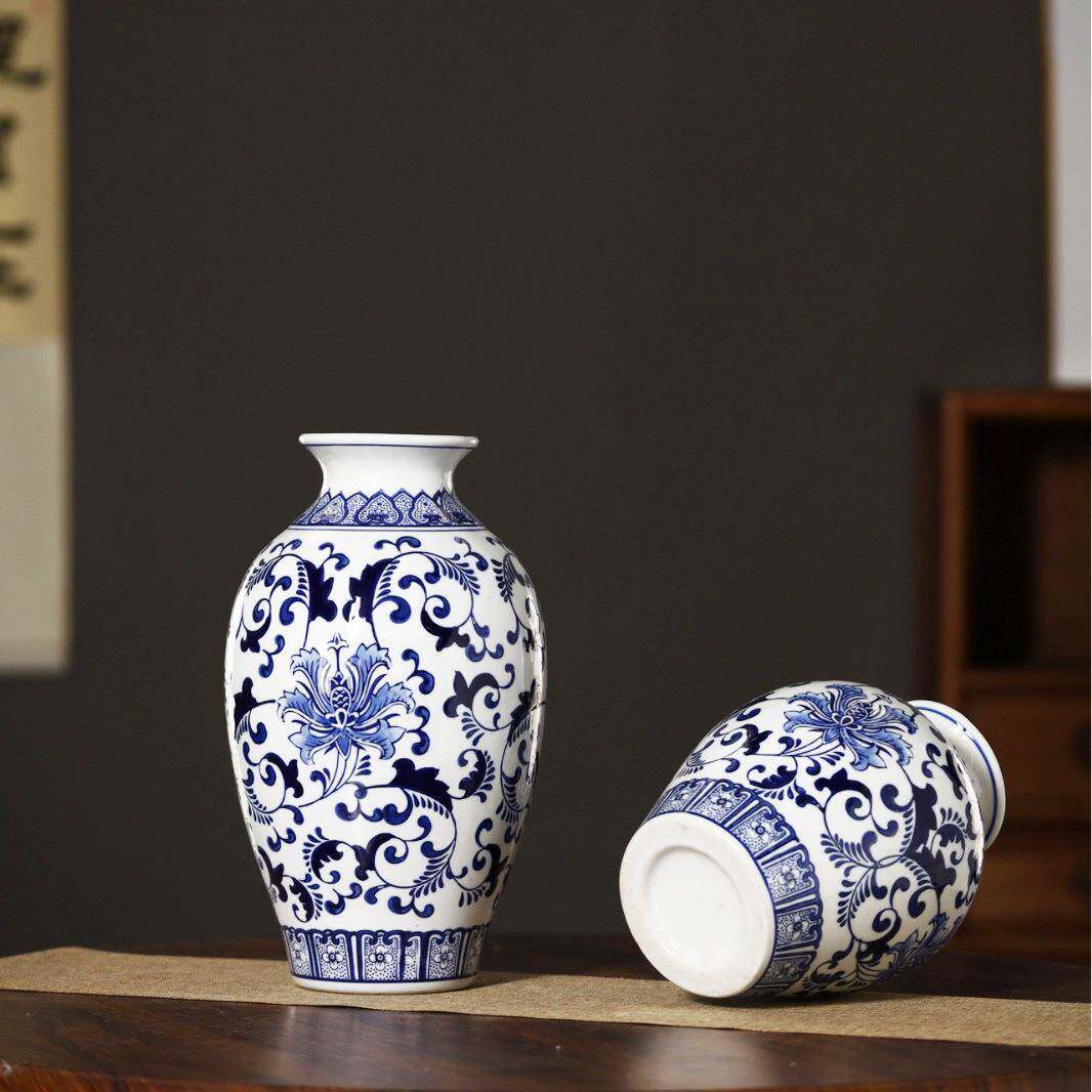 中式台面仿古青花瓷花瓶摆件装饰品工艺品陶瓷摆件复古花插插花器