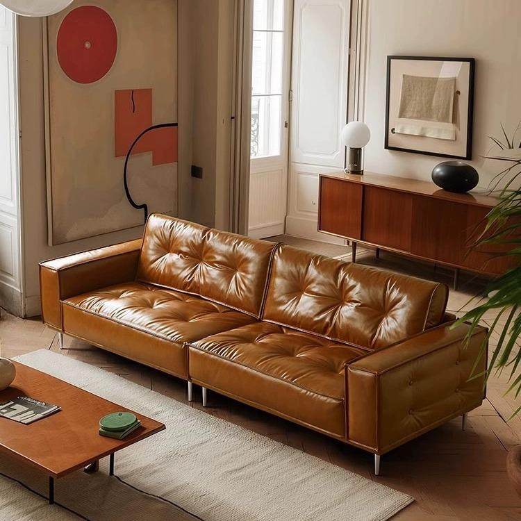 法式复古油蜡皮沙发小户型豆腐块直排美式拉扣焦糖色真皮沙发客厅