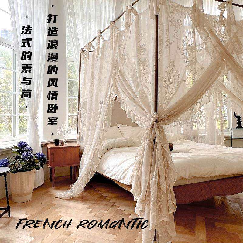 2026新款高级民宿蚊帐家用卧室免安装支架三开法式床幔公主风纹帐