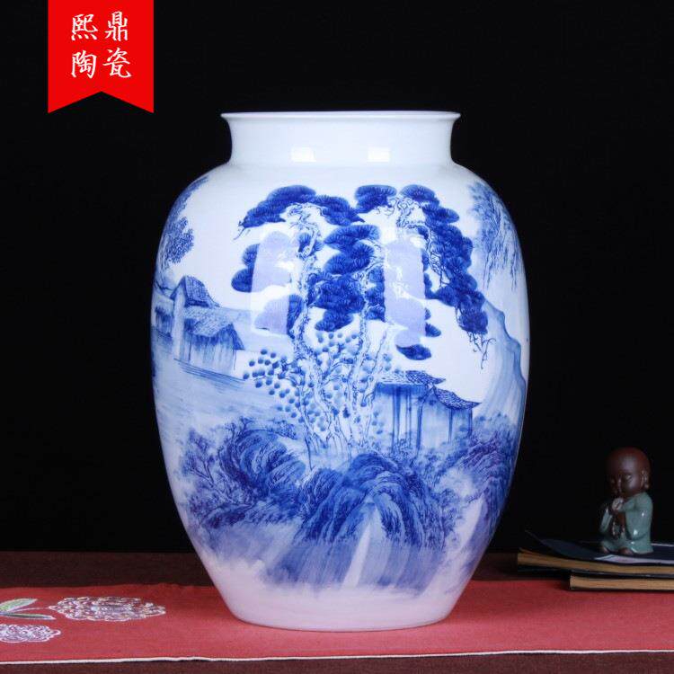 陶瓷花瓶摆件手绘釉下彩青花山水图大号冬瓜瓶家居时尚装饰