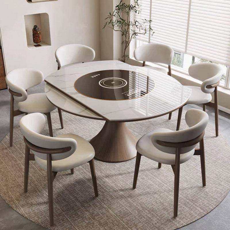 多功能岩板餐桌电磁炉火锅转盘家用一体饭桌伸缩折叠实木可变圆桌