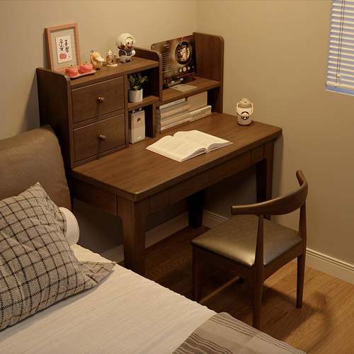 床边桌实木窄书桌书架一体卧室家用桌子小户型学习桌床头靠墙窄桌