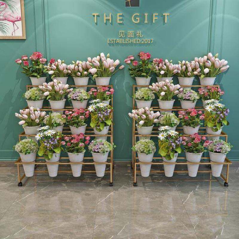花店鲜花展示架多层阶梯花架摆花带万向轮铁艺架子花桶塑料花筒