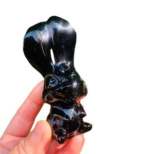 热销天然水晶黑曜石长耳兔雕刻件水晶摆件