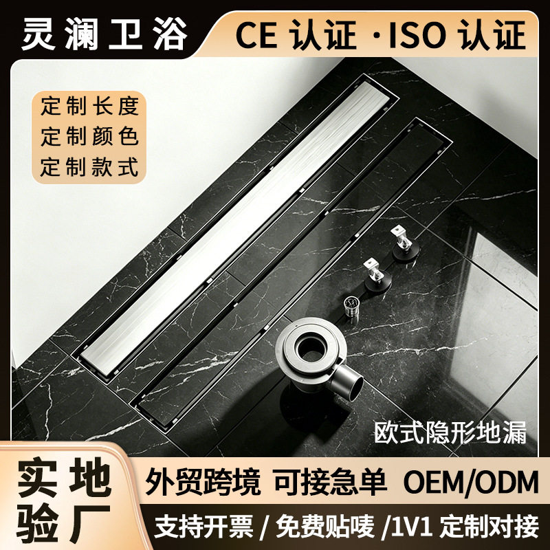 欧洲304隐形不锈钢地漏长条欧式跨境卫生间排水防臭侧排旋转
