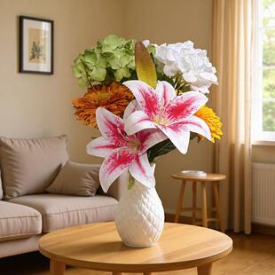 春季5头把束萱草百合仿真花餐桌装饰橱窗美陈一花成景保湿手感