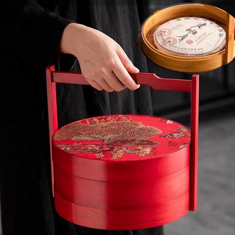 普洱茶饼多功能收纳盒创意竹制圆形手提篮子茶点盘包装盒通用多层
