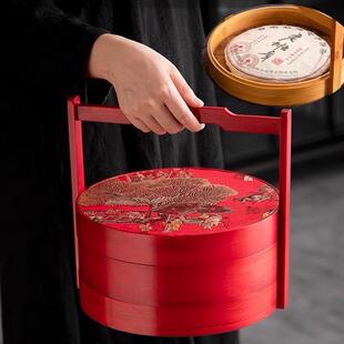 普洱茶饼多功能收纳盒创意竹制圆形手提篮子茶点盘包装盒通用多层