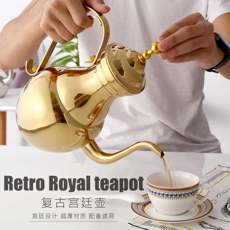 不锈钢泡茶壶饭店用长嘴宫廷复古水壶茶带滤网大壶餐厅