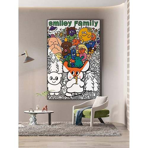 现代温馨儿童房微笑小怪兽家庭客厅玄关装饰画卧室壁画竖版挂画