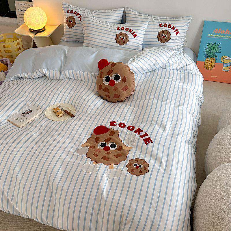 曲奇多巴胺凉感冰丝四件套夏季卡通贴布绣刺绣被套学生宿舍三件套