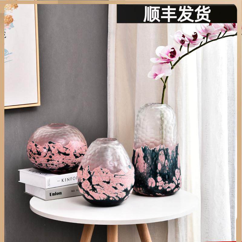 北欧炫彩粉色手工磨刻玻璃花瓶装饰品摆件客厅家居酒店插花设计师