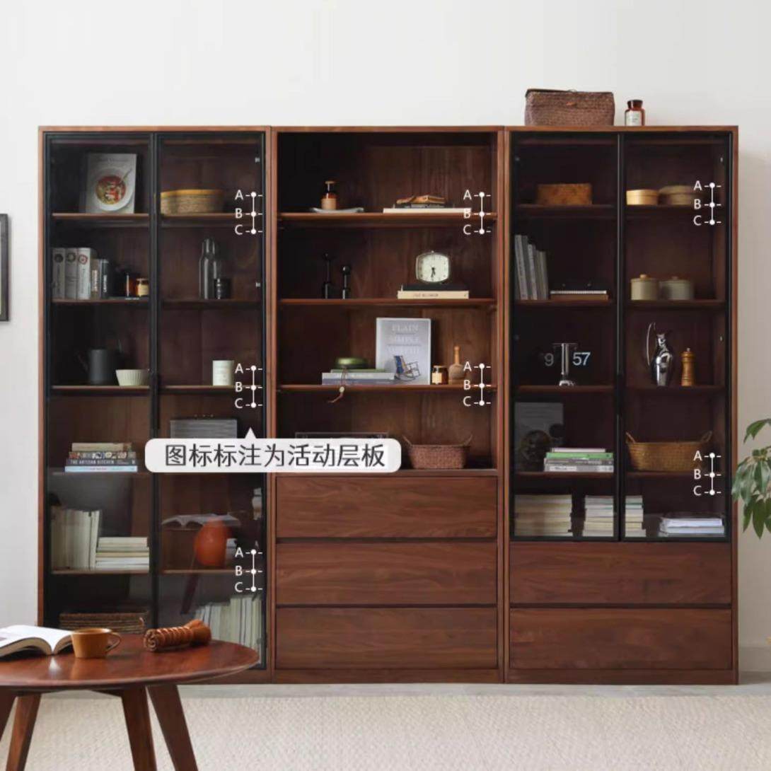 黑胡桃木实木书柜组合置物架樱桃木玻璃门落地书橱防尘展示置物柜