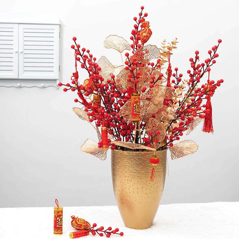 新年仿真冬青年宵花盆福桶发财果假花仿真花配饰装饰客厅摆件