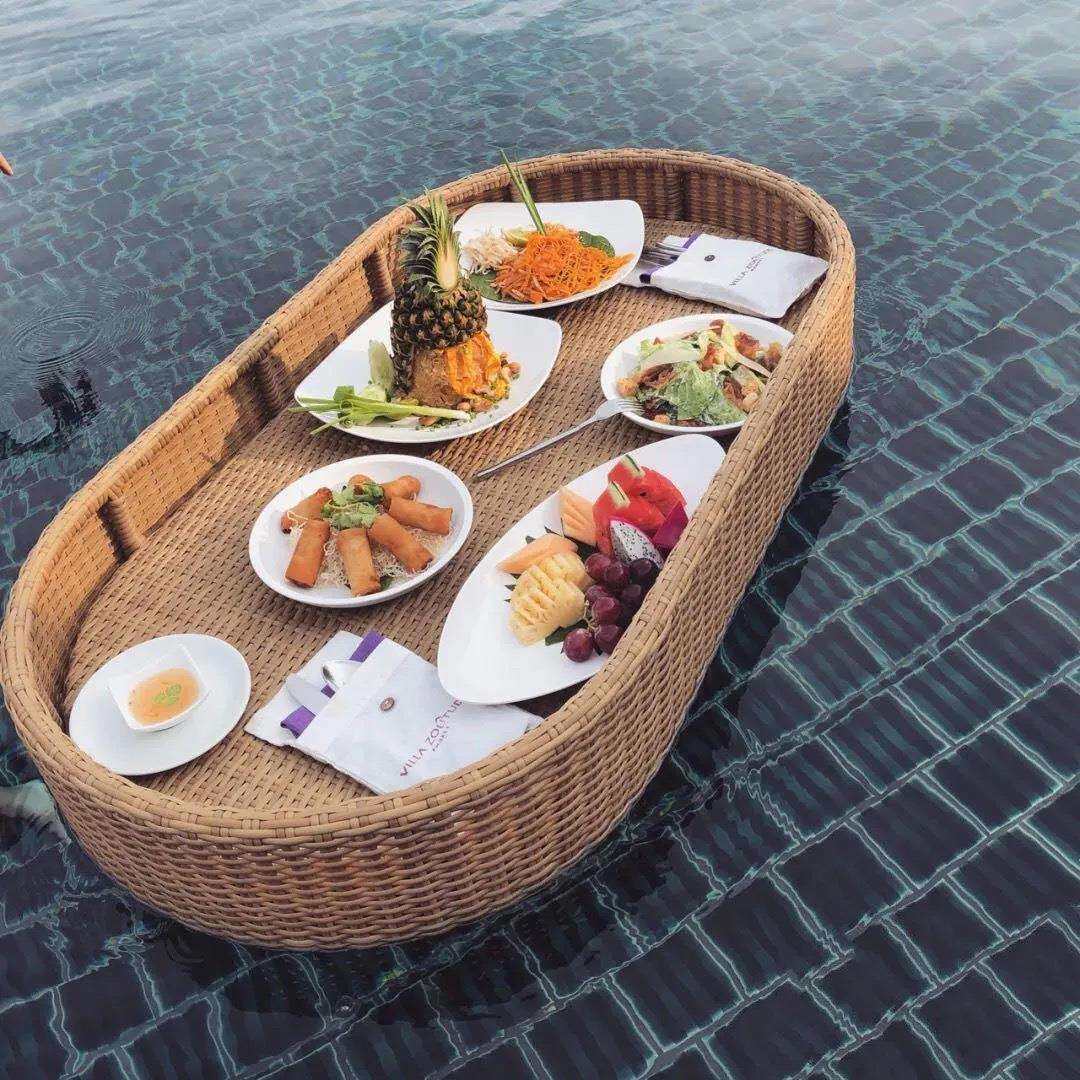 户外泳池飘盘温泉早餐水果饮料漂浮托盘酒店民宿网红水上藤编篮子