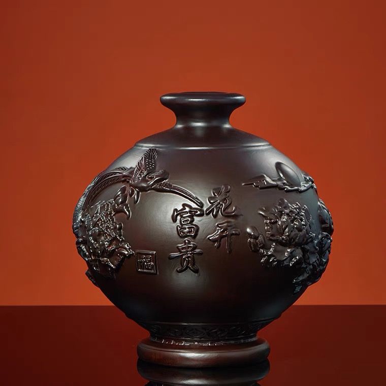 黑檀木雕金玉满堂花瓶实木摆件花开富贵客厅插花装饰家居实工艺品