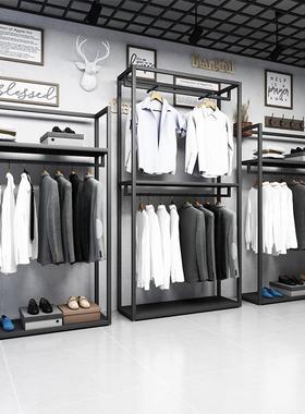 黑色服装店展示架男装店铺货架落地式双层陈列挂衣架铁艺金属包架