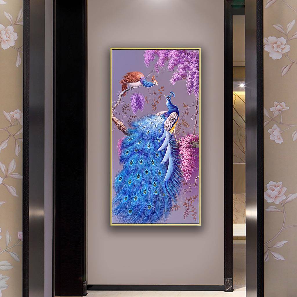 新中式手绘孔雀油画玄关装饰画客厅挂画美式过道竖版高端入户壁画