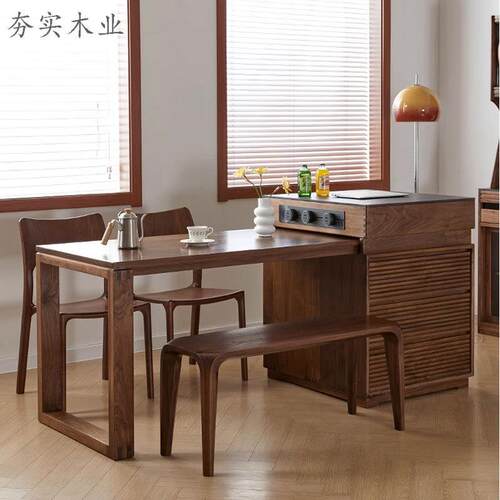 北美黑胡桃木实木餐桌岛台一体可伸缩岩板中岛小户型餐厅储物北欧