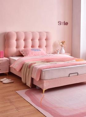 NRFB215#小清新系粉色泰迪绒儿童床女孩1米5学生公主床实木单人1