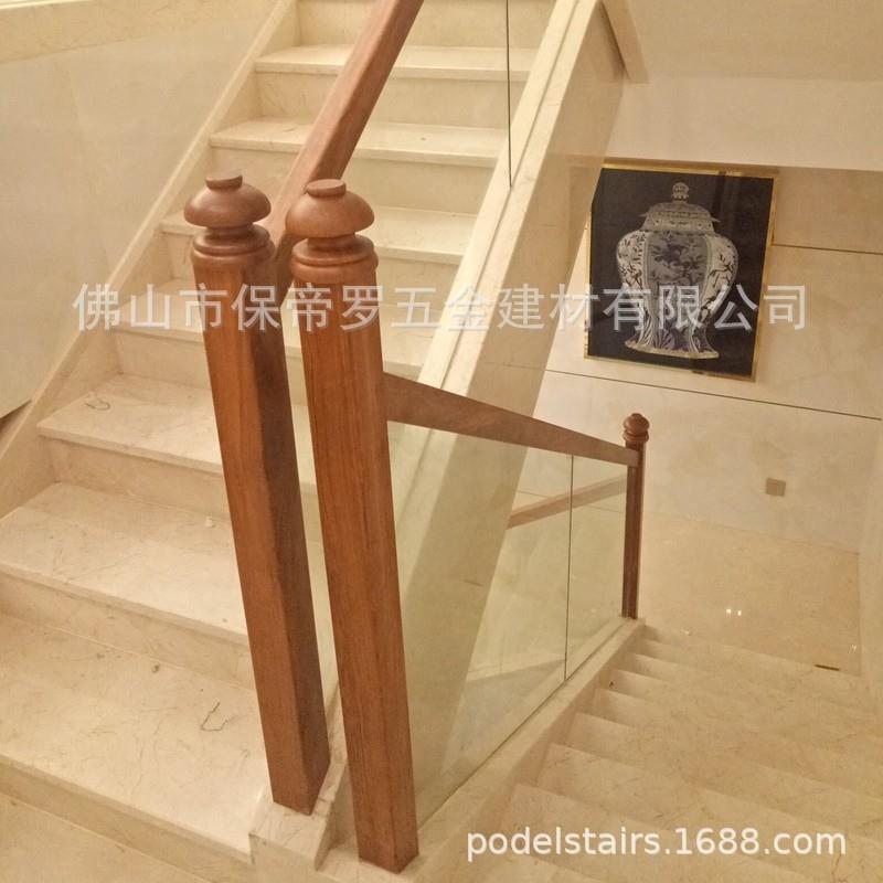 钢化玻璃护栏家用别墅楼梯栏杆起步立柱巴西花梨木质扶手