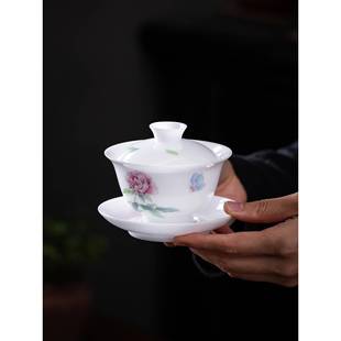 冰种玉瓷单个羊脂玉不烫手三才盖碗茶杯手绘茶碗整套套装带盖