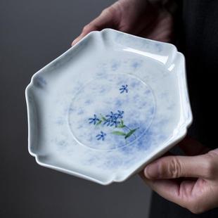 釉下彩手绘雪星花托盘单层壶托白瓷杯托茶承养壶垫六边干泡盘果盘