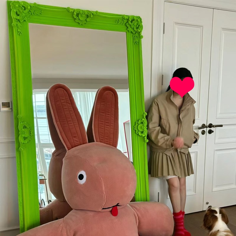 多巴胺穿衣镜复古植绒雕花全身镜服装店试衣镜Pins风艺术落地镜子